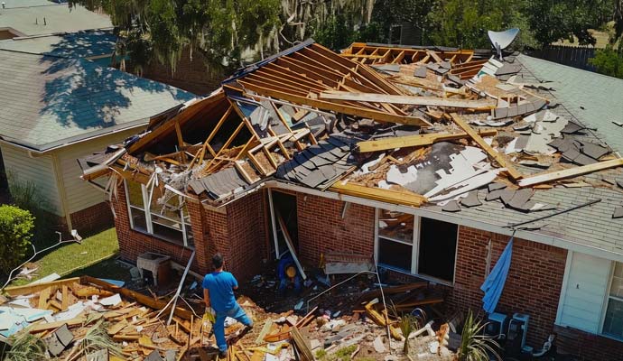 Severe storm damage to a residential roof
