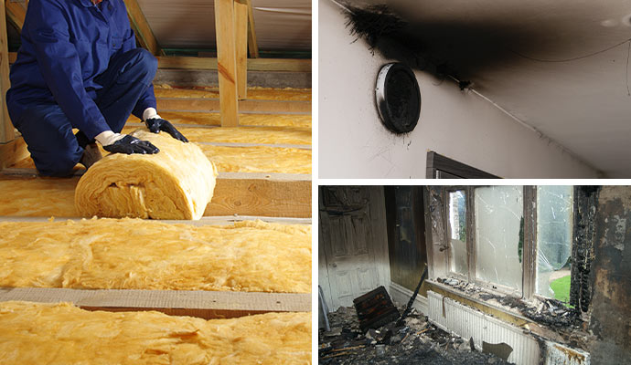Collage of insulation replacement, smoke damage cleanup and soot restoration inside fire damaged property