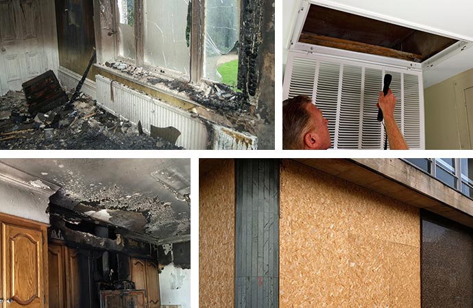 Smoke, soot restoration, duct inspection and board-up service