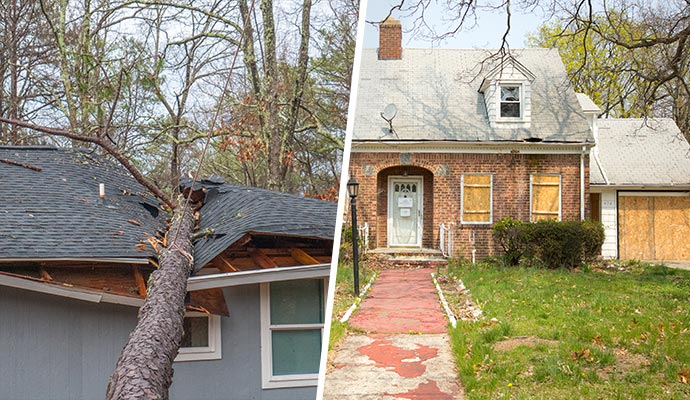 Collage of a house with a fallen tree on the roof and another house boarded up after storm damage