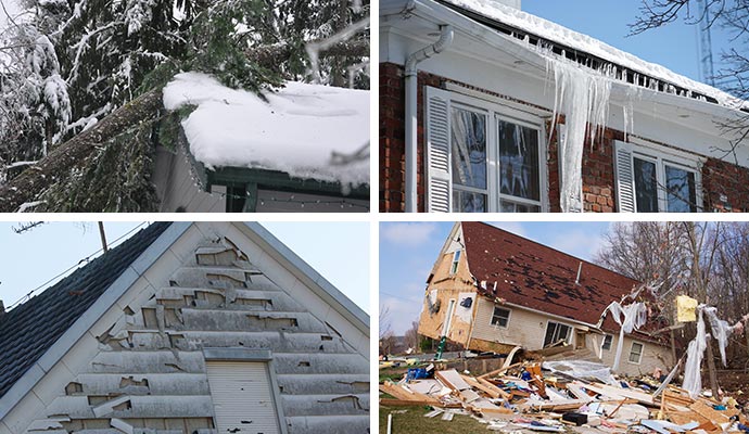 Collage of winter storm, ice, hail and tornado damaged house