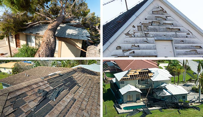 Collage of storm damaged roofs, fallen trees, broken siding and severe residential property destruction
