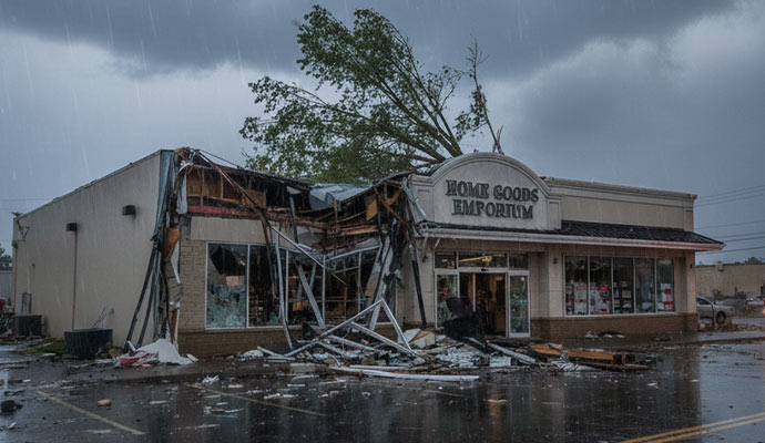 Commercial property with severe storm damage collapsed structure debris and broken exterior during heavy rain