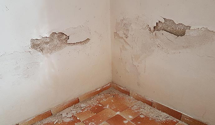 Structural damaged wall Structural damaged wall with peeling plaster