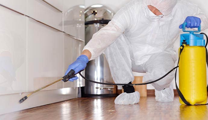 Technician applying disinfectant spray under kitchen cabinets