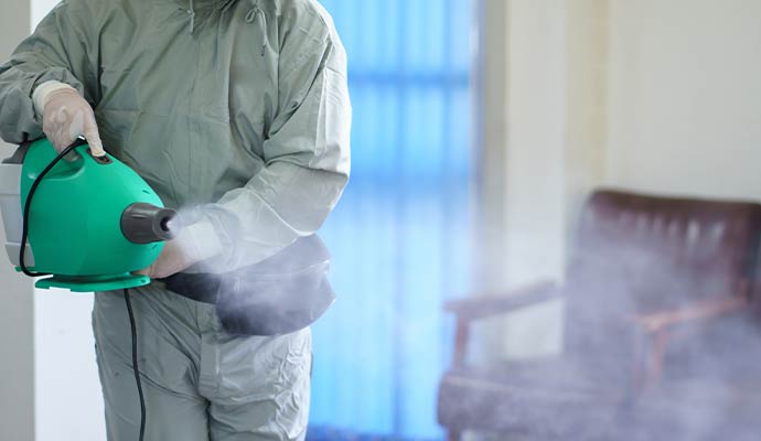 Technician spraying disinfectant mist in a living room