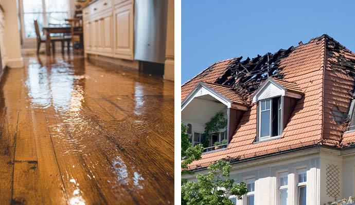 Collage of flooded hardwood flooring and severely fire damaged residential roof after property disasters