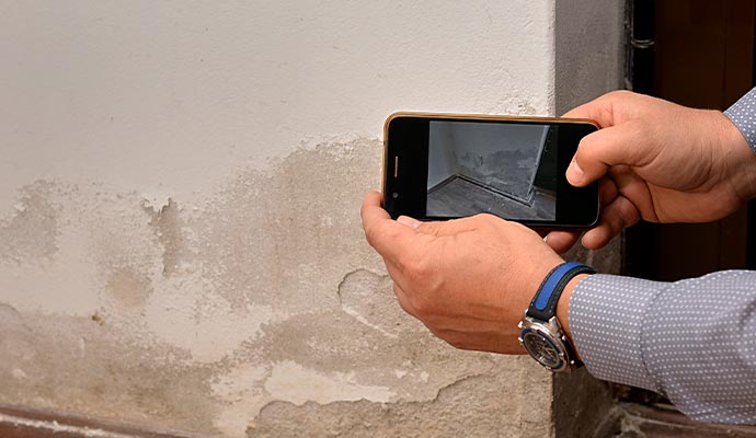 Technician documenting water damage and moisture stains on interior wall