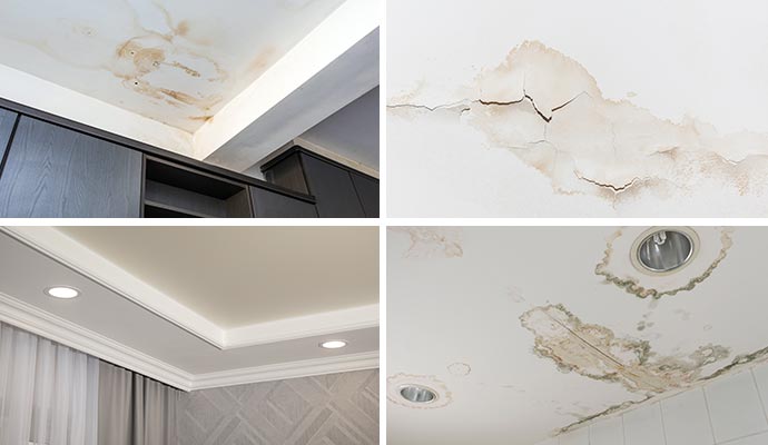 A collage of ceilings with water damage, stains, and mold before and after repair