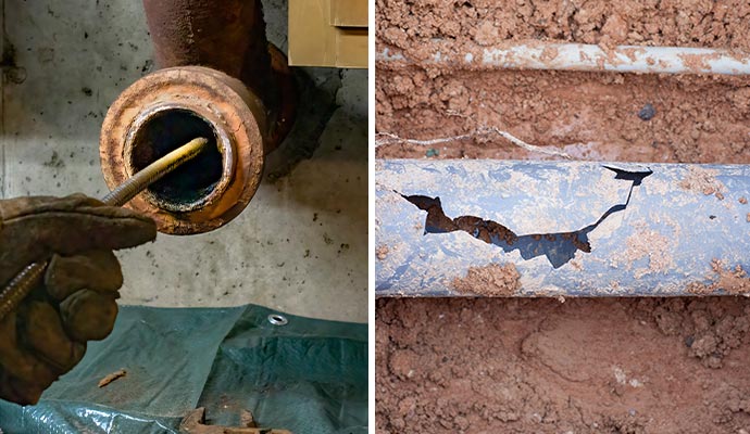 Collage of clogged sewer lines and broken pipes