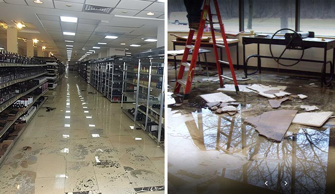 Collage of flood damaged commercial and residential area