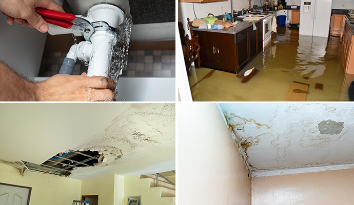 Collage of water pipe fixing flood damaged room and damaged ceiling Collage of water pipe fixing flood damaged room and damaged ceiling
