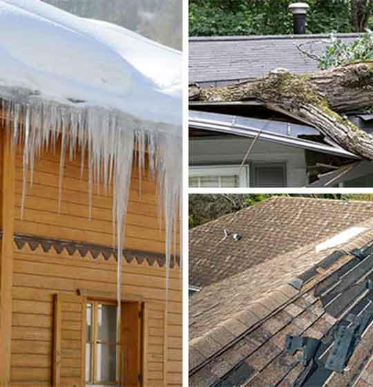 A collage of roof damage including an ice dam, a fallen tree, and missing shingles