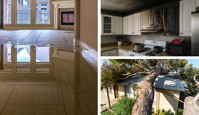 Water damaged floor, fire damaged kitchen and storm damaged house roof