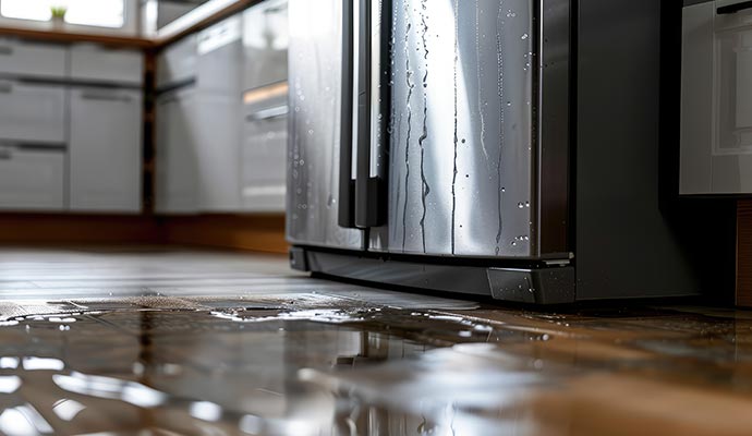 Water leaking from a refrigerator onto a kitchen floor