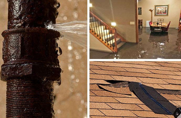 Water pipe break and flood damage roof leak