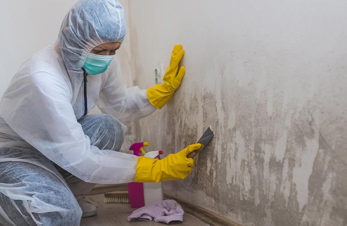 Mold decontamination by workers on the wall